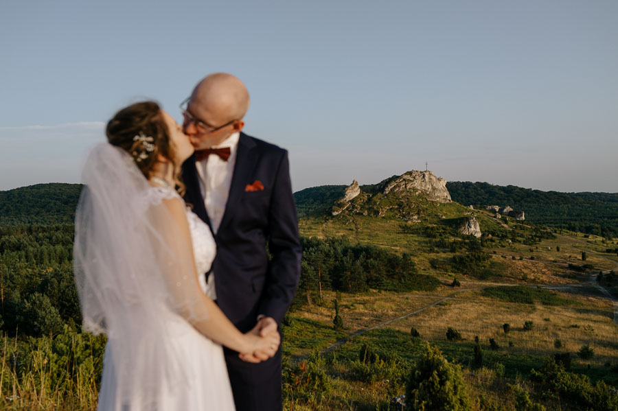 Plener ślubny Rezerwat Sokole Góry Zdjęcie ślubne z słońcem w tle